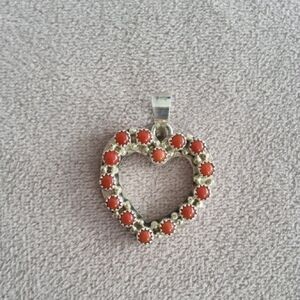 SOLD Navajo Signrd Sterling Silver Coral Heart Pendant